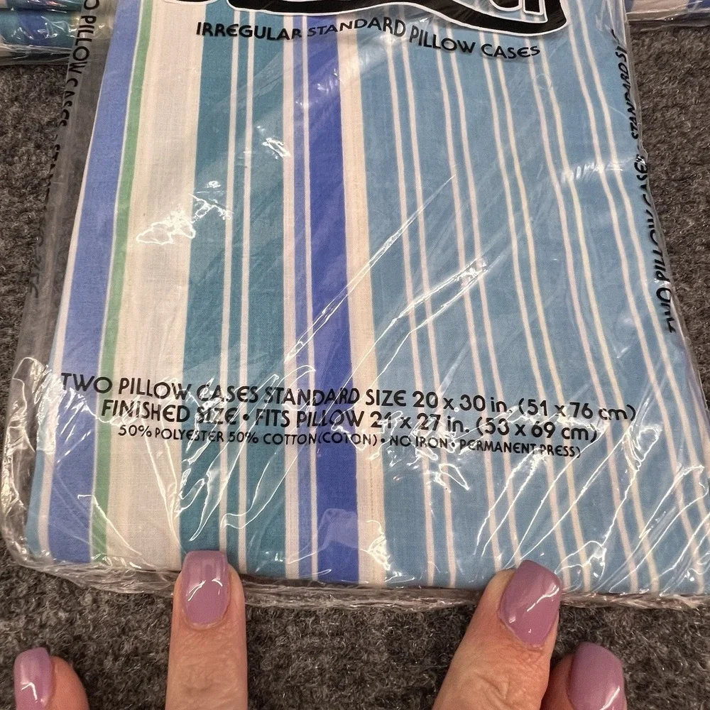 Full Size New Vintage Sheet Set Blue & White Stripes Sleepwell Fitted Flat Cases